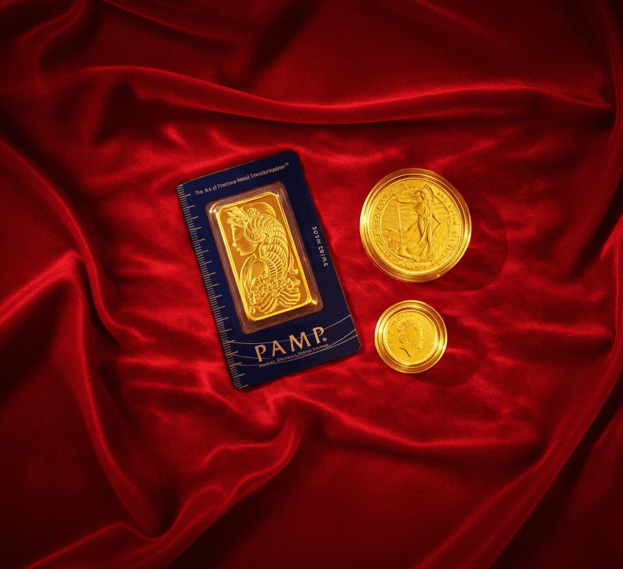 PAMP Suisse gold bar alongside Gold Britannia coins on red fabric
