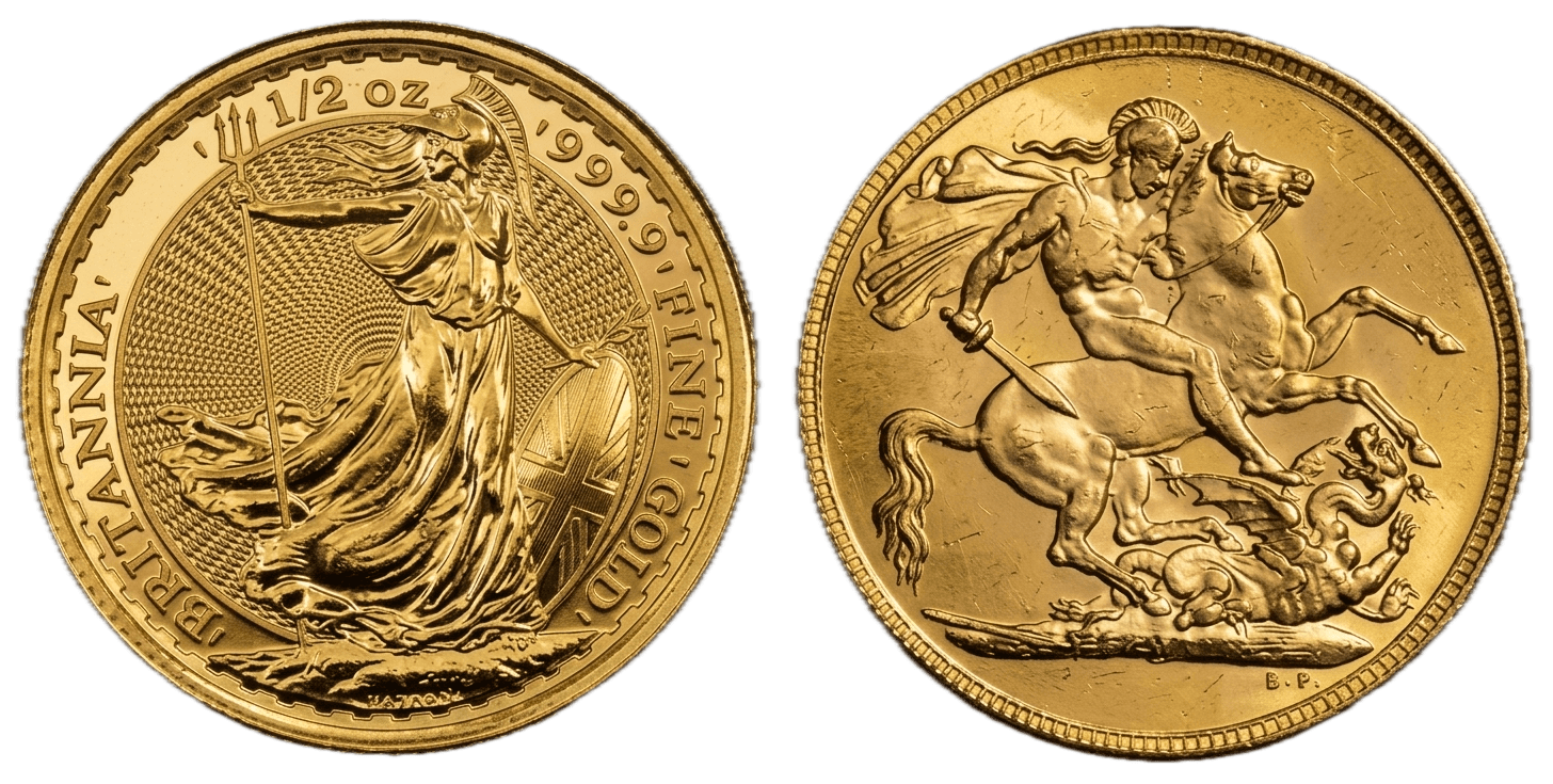 Gold Britannia and Sovereign coins
