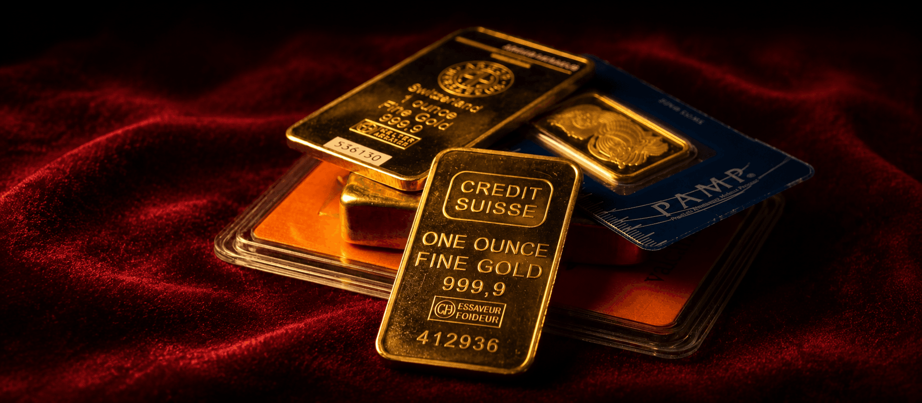 Branded LBMA gold bars — Credit Suisse, PAMP — on burgundy velvet.